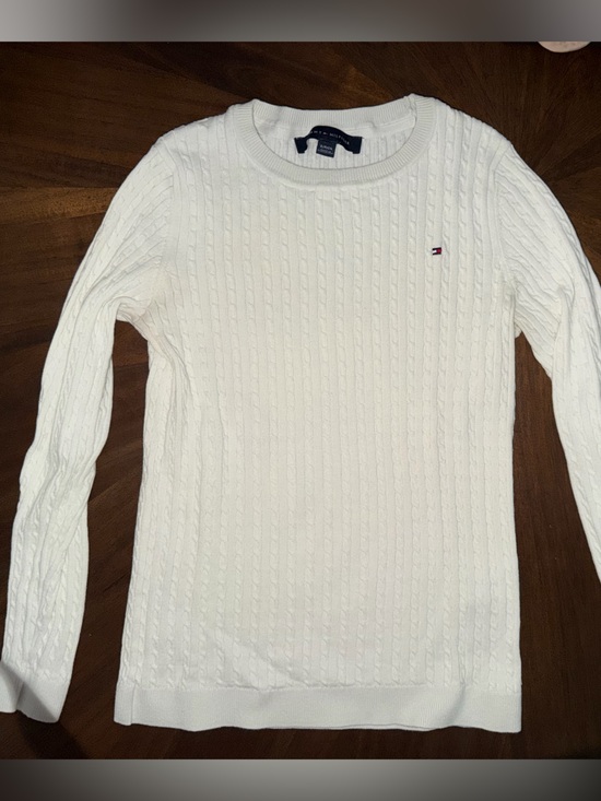 Tommy Hilfiger Sweaters - Tommy Hilfiger Cream Cable-Knit Crewneck Sweater with Flag Logo